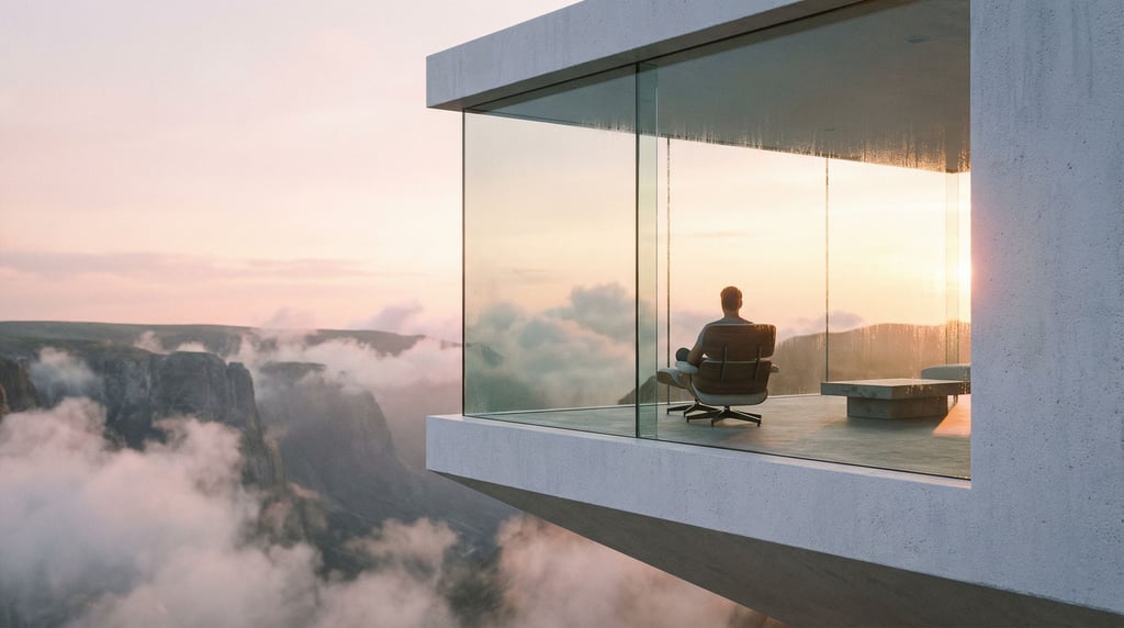 A cantilevered observation deck of glass and white concrete juts out over a misty canyon at dawn