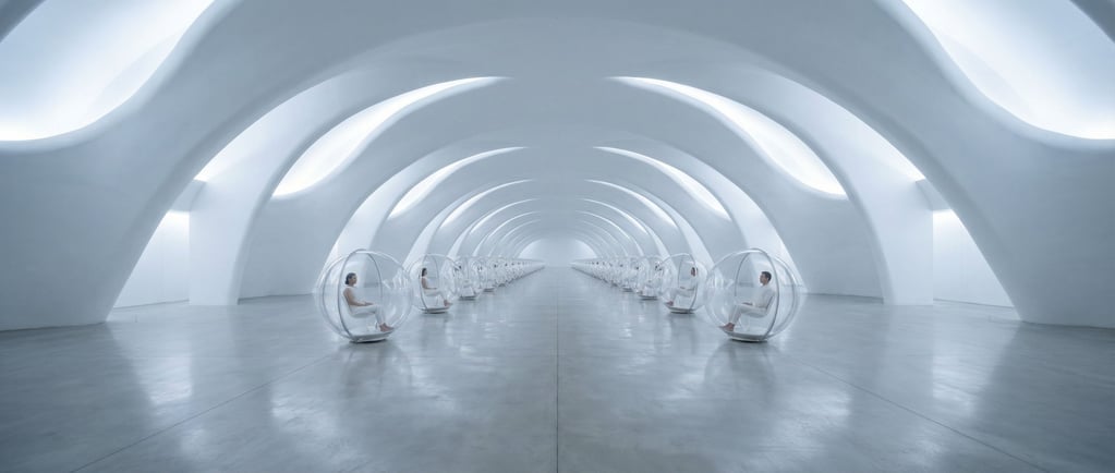 Ultra-wide view of a vast white hall with a ceiling that curves like the inside of a shell