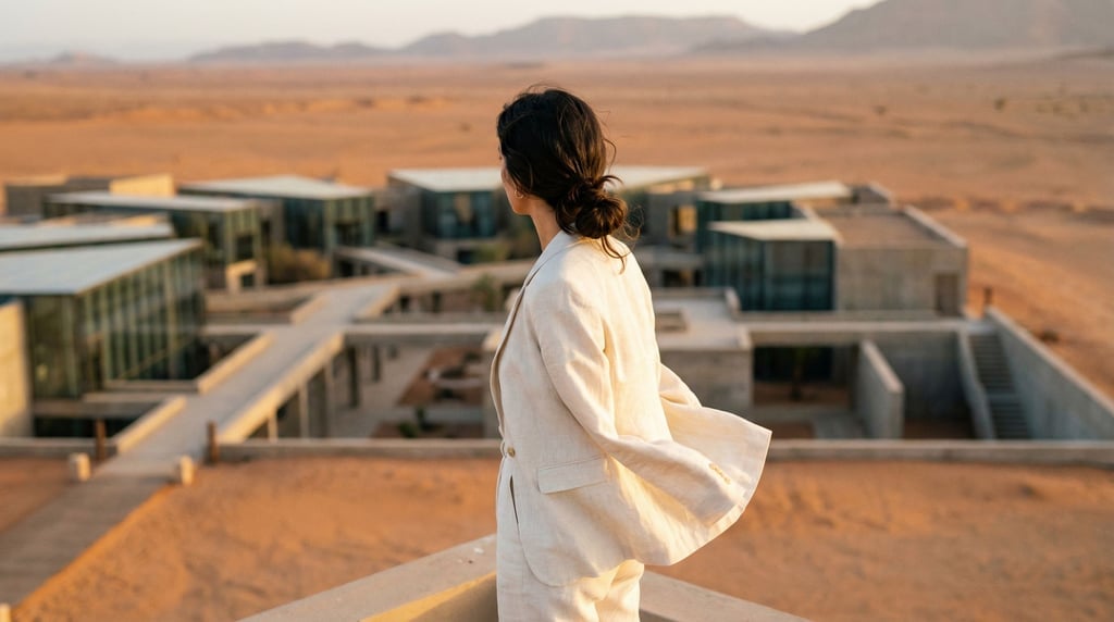 A woman in a structured off-white linen blazer and tailored trousers stands at the edge of a rooftop