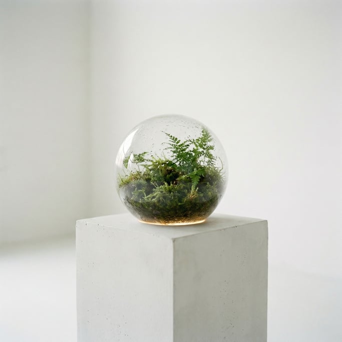 A single transparent sphere about the size of a grapefruit rests on a white concrete pedestal in an