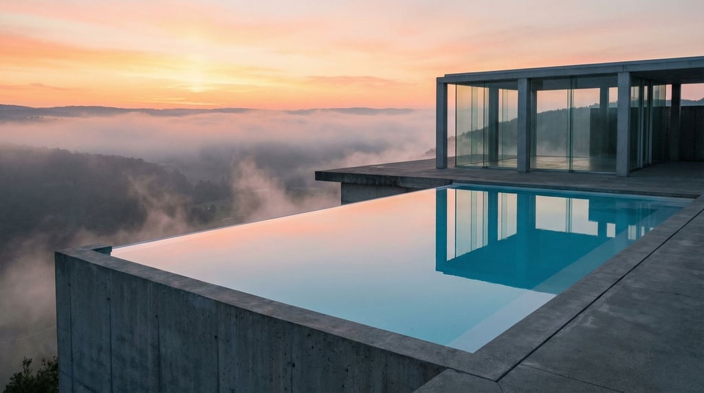 An infinity-edge pool carved into a concrete platform at the edge of a cliff