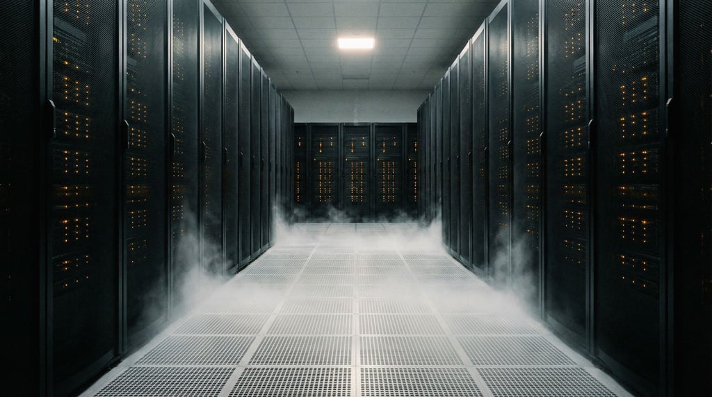 A massive server room with floor-to-ceiling black monolith racks arranged in parallel rows
