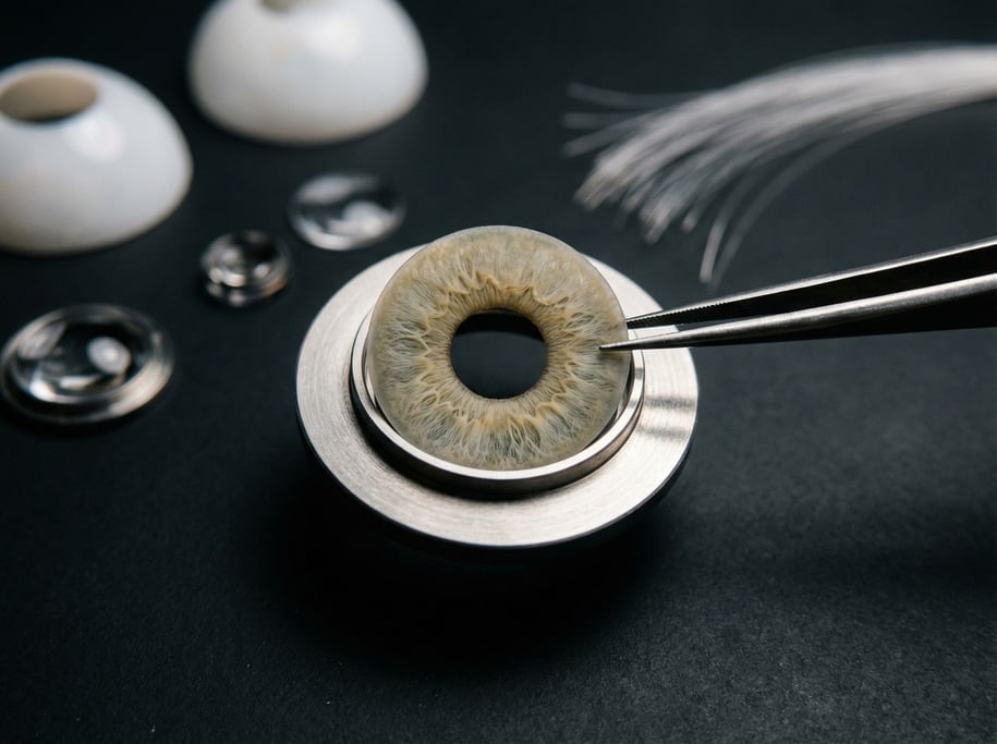 A close-up of synthetic human eye being manufactured — a delicate iris disc in pale hazel sits in a
