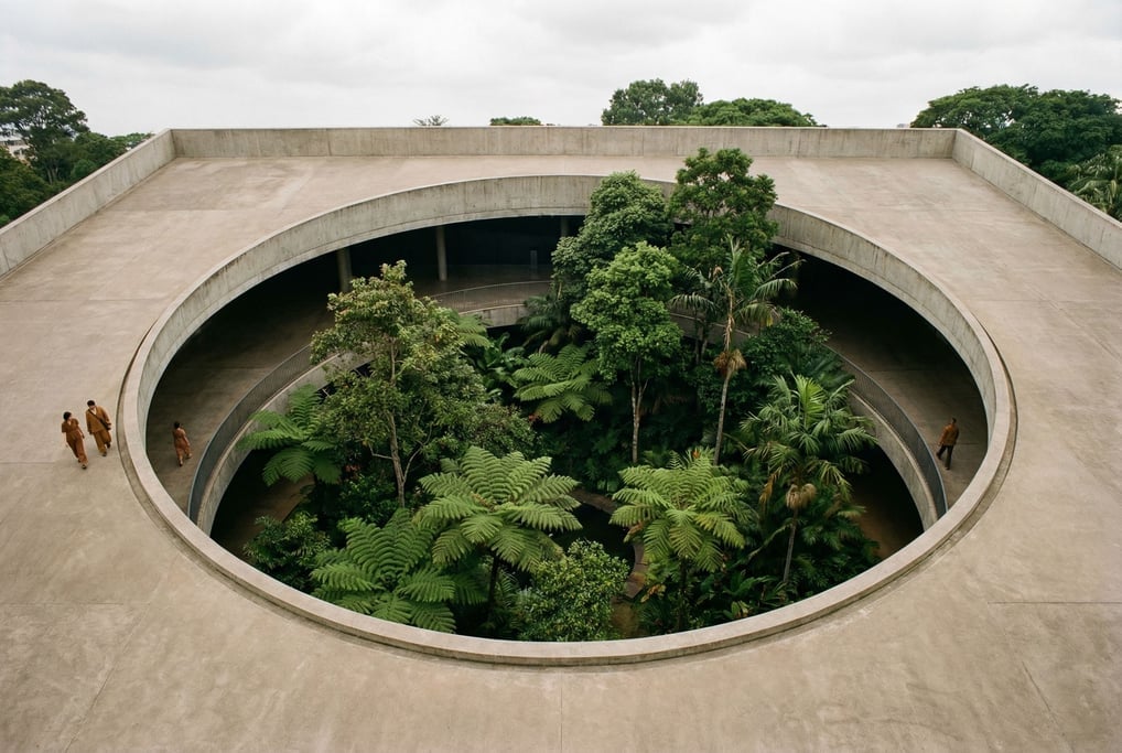 An aerial view of a concrete courtyard with a perfectly circular cutout revealing a garden level bel
