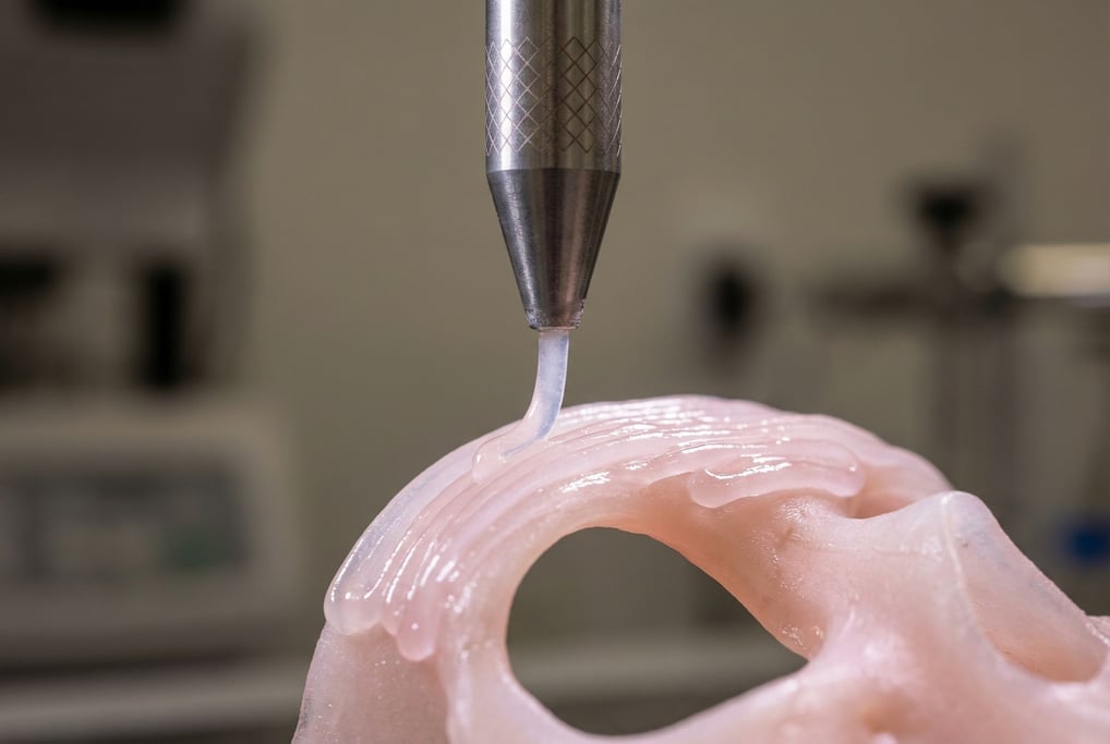 A close-up of a 3D bioprinter nozzle depositing layers of pale synthetic tissue onto a curved form —