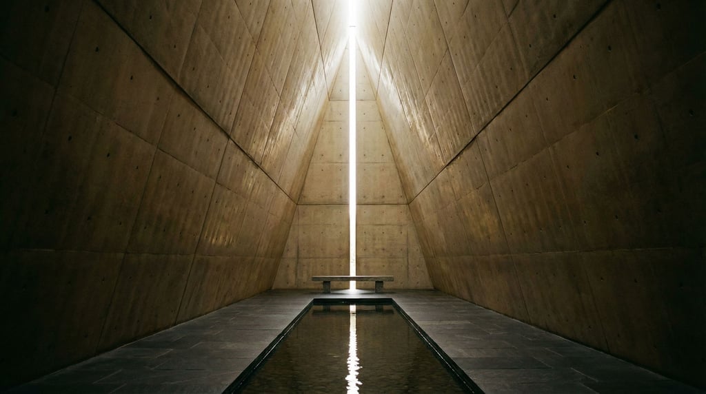 A modernist chapel-like space with impossibly high concrete walls that taper upward to a narrow slot