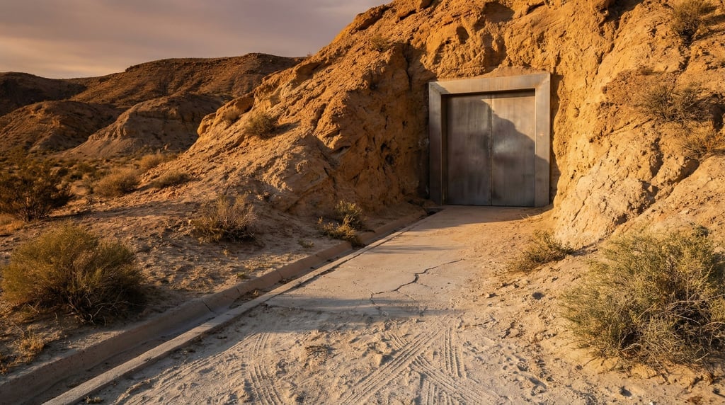 Exterior of a bunker-like entrance built into a desert hillside — a single massive door of brushed s