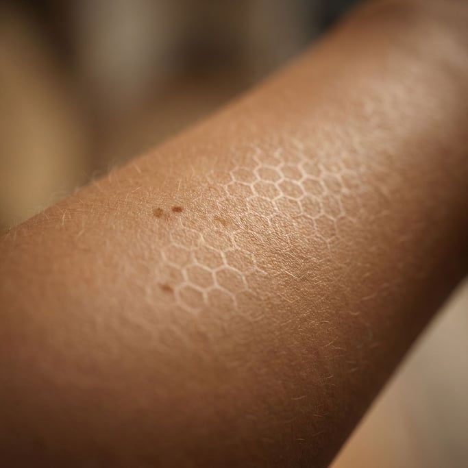 Extreme close-up of synthetic skin texture on an android forearm — the surface appears perfectly hum