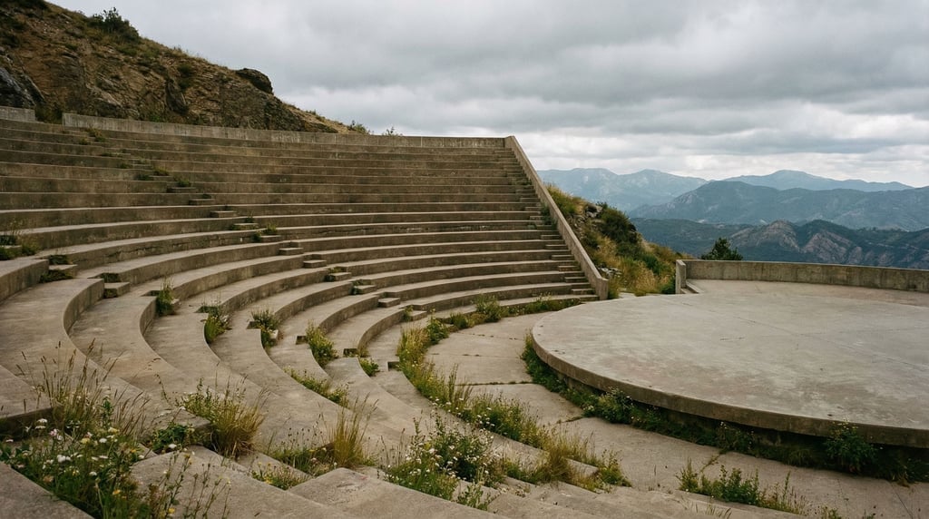 A semicircular amphitheater cut into a hillside