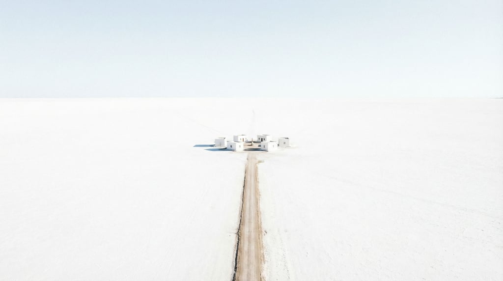 A wide shot of a salt flat at midday — blinding white ground stretching to the horizon under a pale