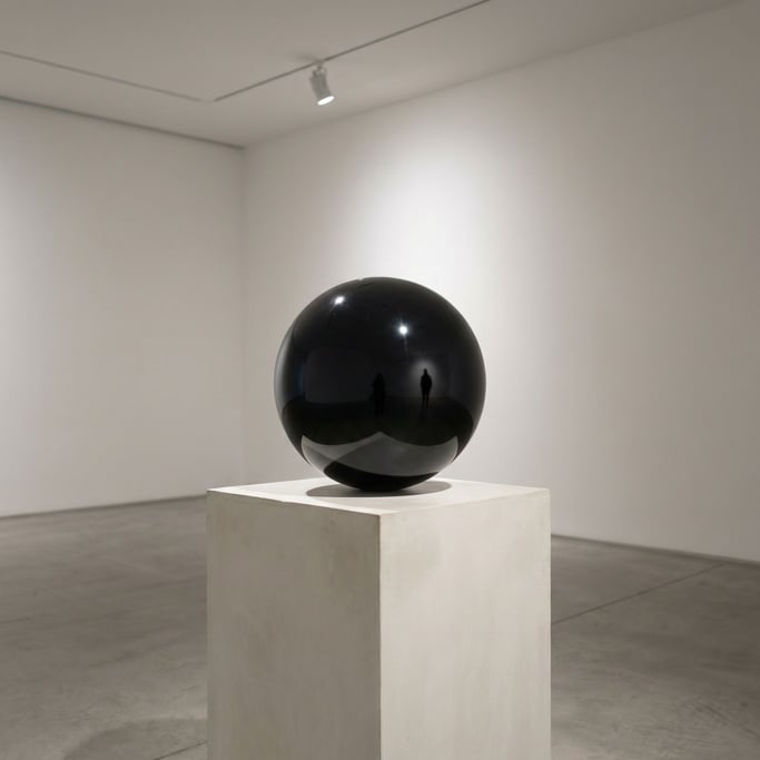 A perfectly spherical glossy black object about the size of a bowling ball rests on a white concrete