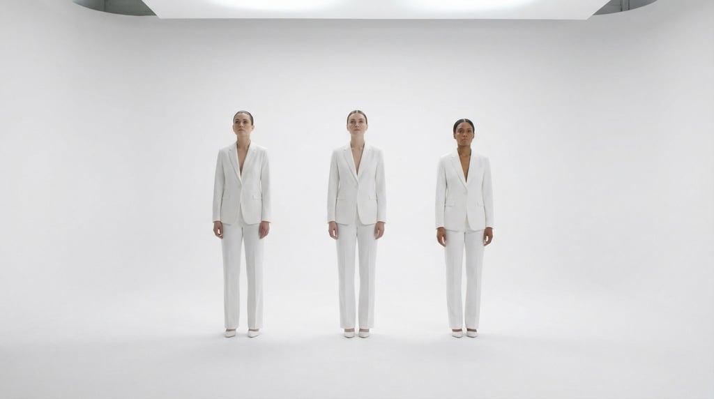 Three women in identical fitted white pantsuits stand in a line facing camera in a white studio spac
