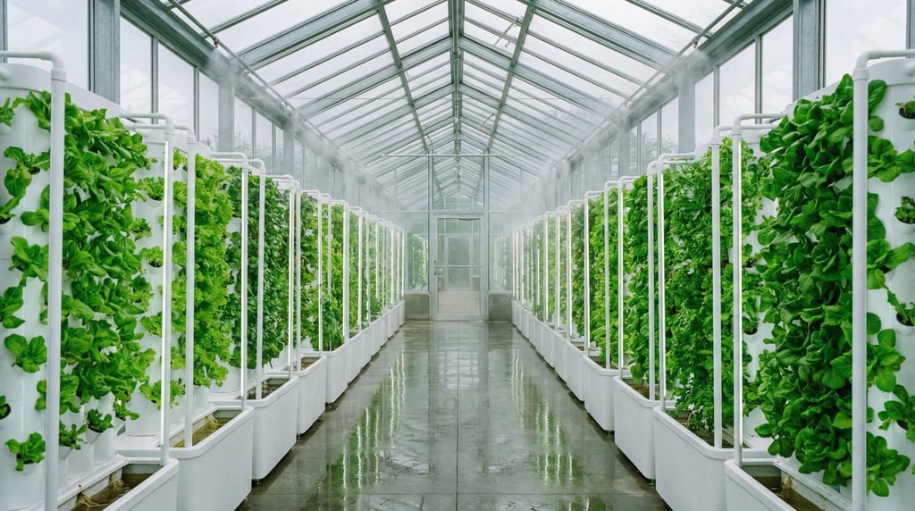 A greenhouse corridor — glass ceiling and walls revealing an overcast sky — with rows of hydroponic