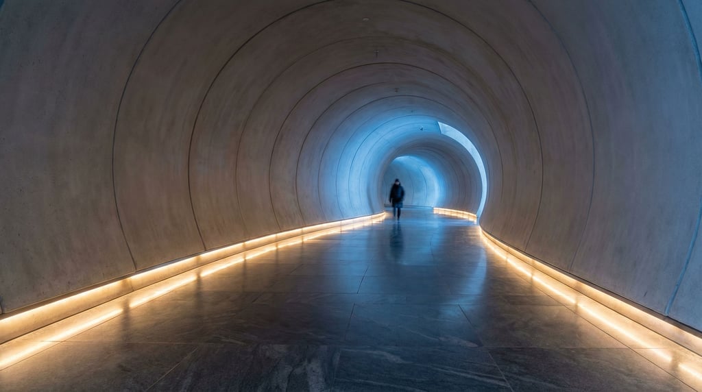 A long underground tunnel with smooth curved walls of cast concrete