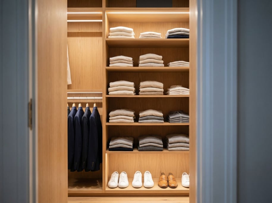 A wardrobe closet viewed through an open door — floor-to-ceiling shelving in light wood