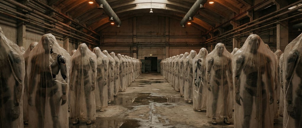 Ultra-wide shot of a decommissioned host storage facility — a vast dim space where humanoid figures