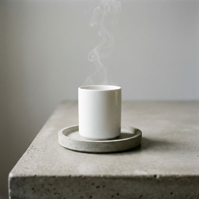 A single white ceramic coffee cup sits on a concrete saucer on a concrete table surface