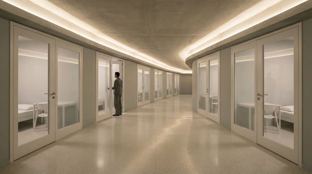 A dormitory hall in an underground facility — a long corridor with identical doorways on both sides