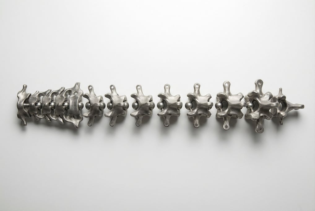 A close-up of a titanium spinal column prototype laid on a white surface — each vertebra is a precis