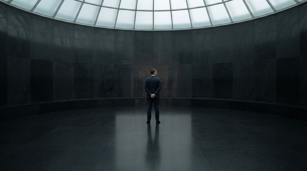A man in a dark suit stands alone in the center of a large circular room