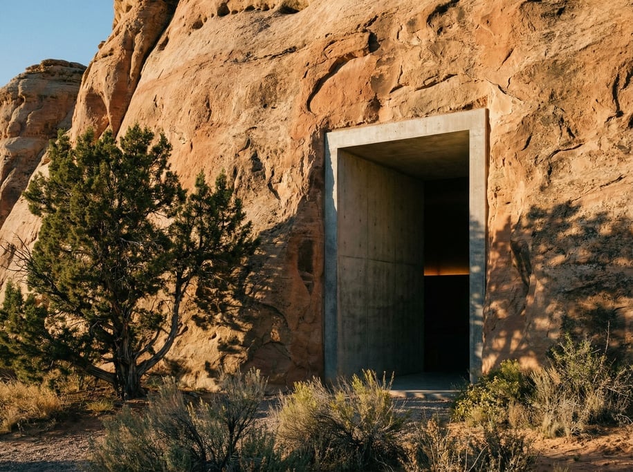 A sandstone cliff face with a precision-cut rectangular entrance — the cut is geometrically perfect
