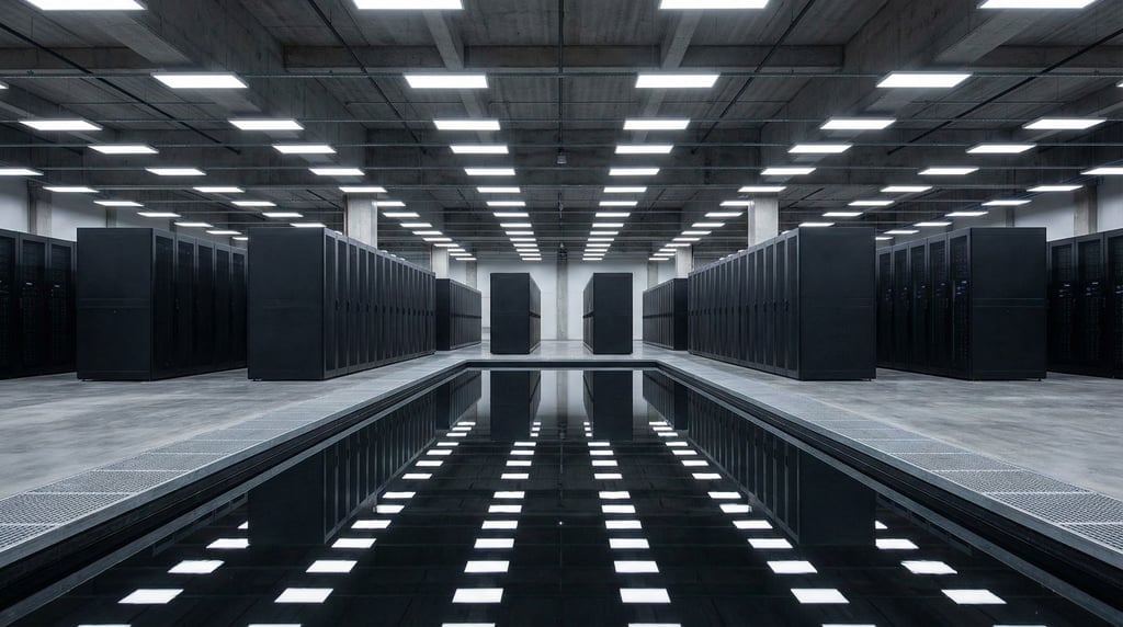 A vast server hall with a reflecting pool running down its center axis