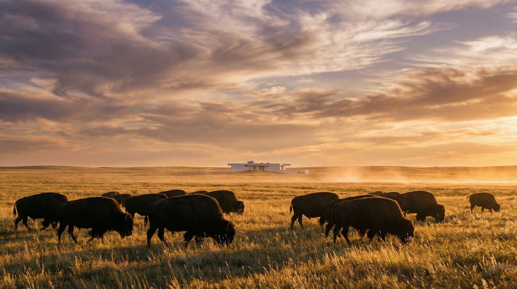 A herd of bison grazes on a golden prairie in late afternoon light