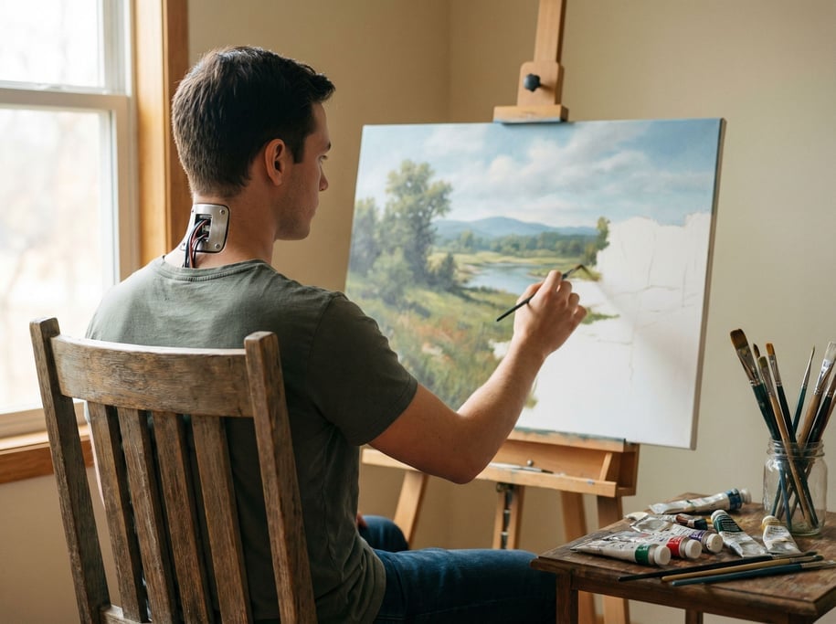An android sits in a wooden chair before a canvas, painting a landscape with oil paints