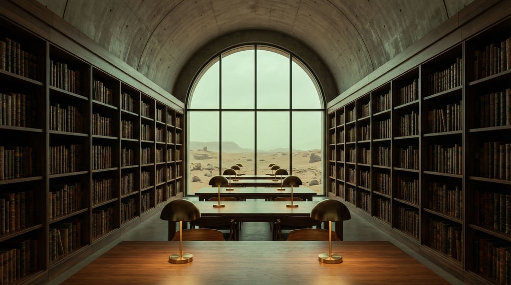 A long library hall with floor-to-ceiling bookshelves of dark walnut on both sides
