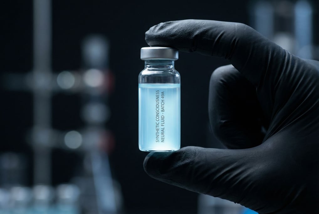 A close-up of a glass vial held between thumb and forefinger