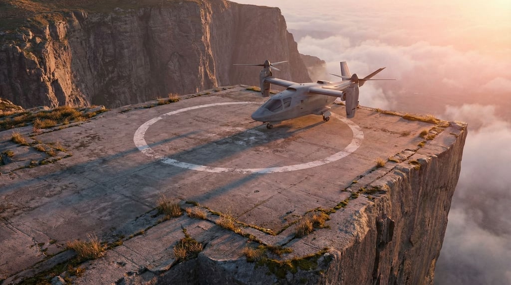 A wide shot of a concrete helipad on a cliff edge at dawn, marked with a simple white circle