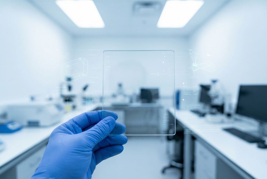 A gloved hand holds a thin transparent tablet-like device up to the light