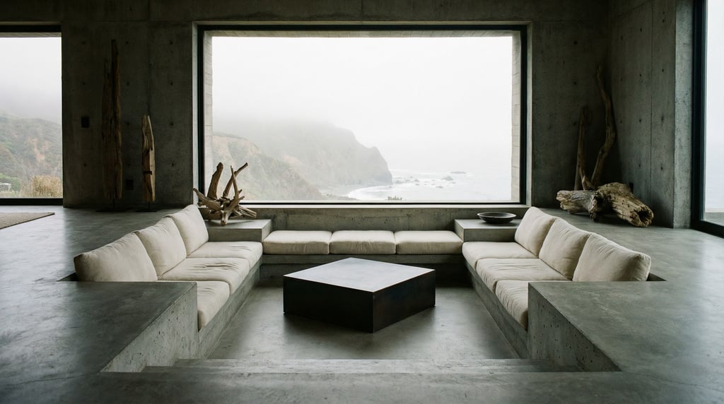 A sunken living area in a brutalist concrete home — two steps down from the main floor level