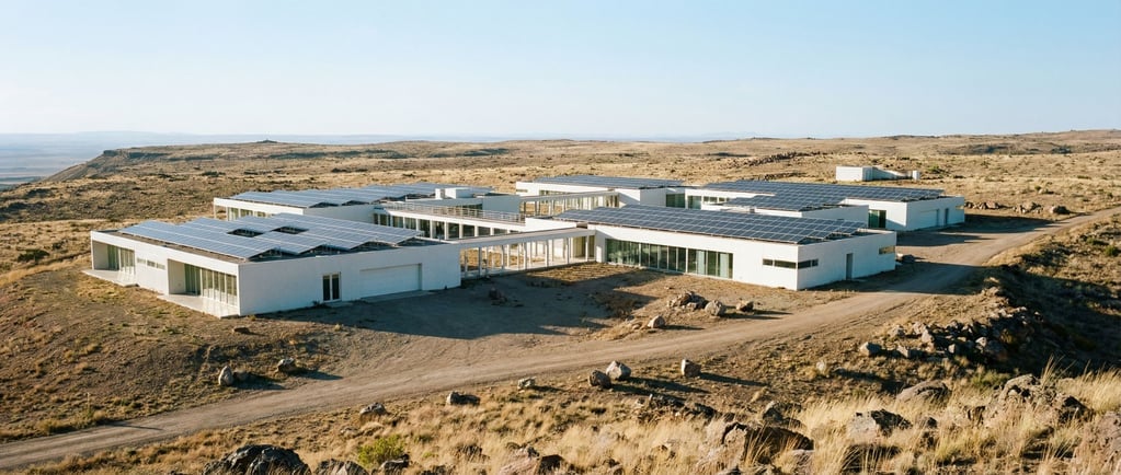 Ultra-wide establishing shot of a compound of interconnected buildings sprawling across an arid plat