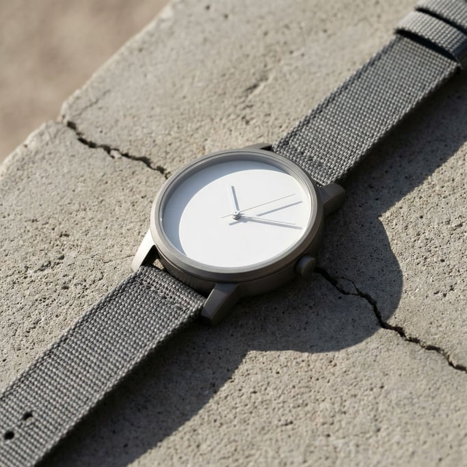 A minimalist watch displayed on a concrete slab — the case is matte titanium