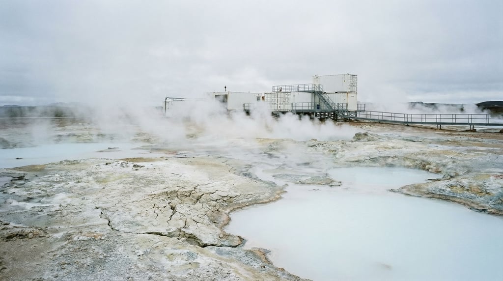 A wide shot of a geothermal vent area — steam rising from cracks in pale mineral-crusted ground