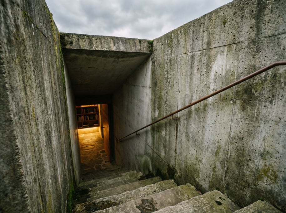 A staircase carved directly from raw concrete descends into the earth