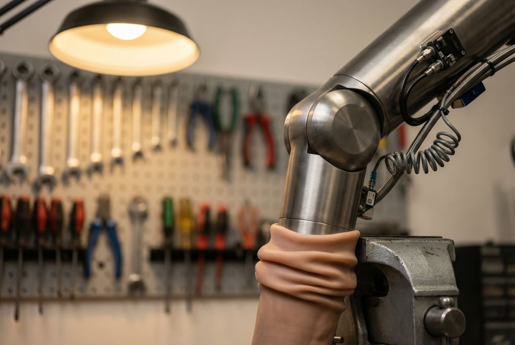 A workbench in a prosthetics workshop holds an android's leg in a vice — the outer silicone skin has