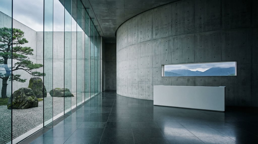A lobby space with a massive curved concrete wall on one side and a full-height glass wall on the ot
