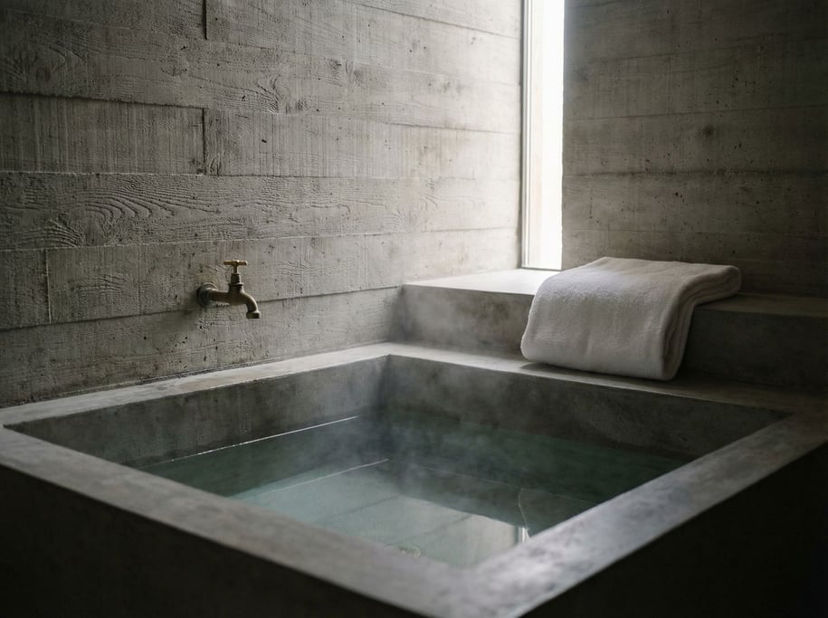 A bathroom in a minimalist concrete dwelling — a deep square soaking tub cut into the concrete floor