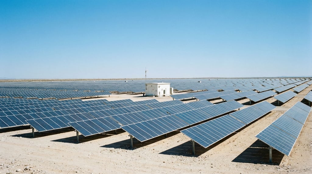 A field of solar panels extends across a flat desert landscape under clear blue sky