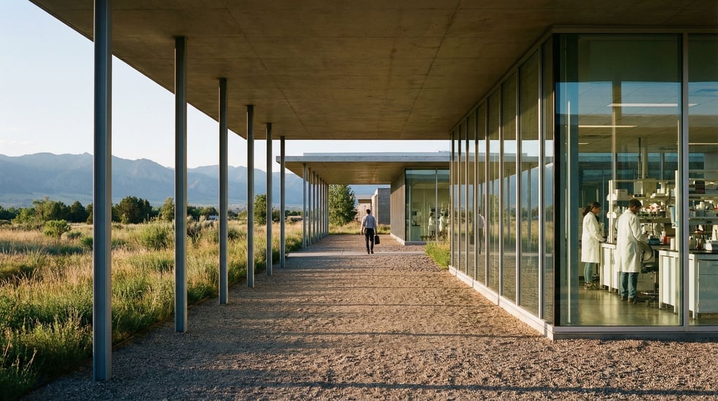 A covered outdoor walkway connecting two buildings — the roof is a thin concrete slab supported by s