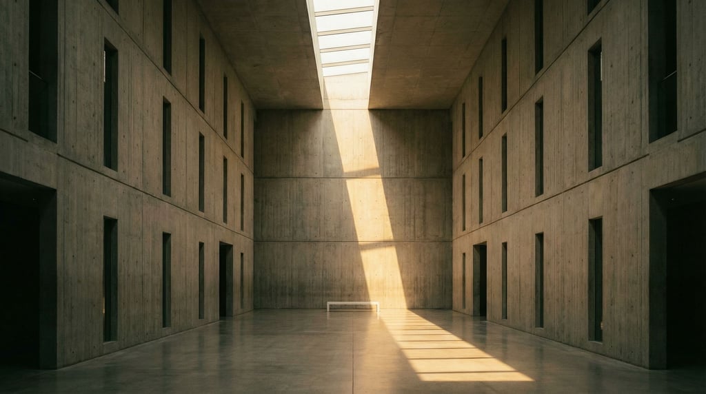 A vast concrete atrium with a single rectangular skylight casting a blade of warm golden light acros