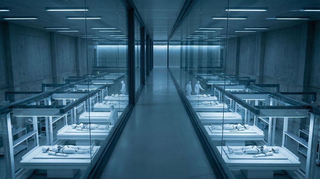 An underground manufacturing floor viewed from an elevated glass observation corridor