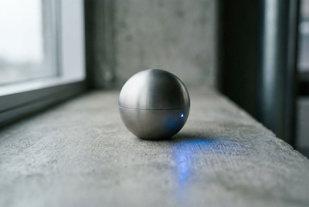 A brushed titanium device resting on a raw concrete surface