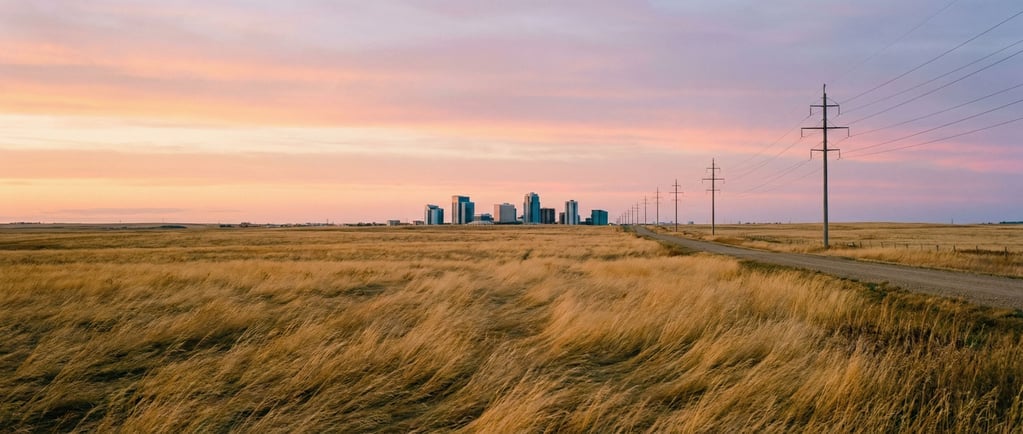An ultra-wide panoramic view of a prairie at dawn, golden grass swaying in the wind