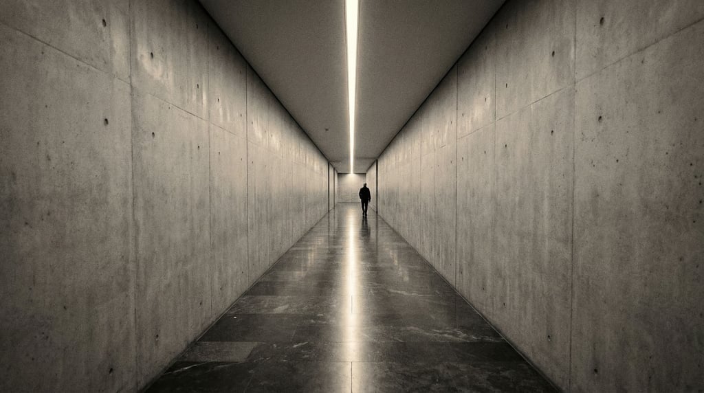 A long corridor with poured concrete walls and a continuous linear light strip embedded in the ceili