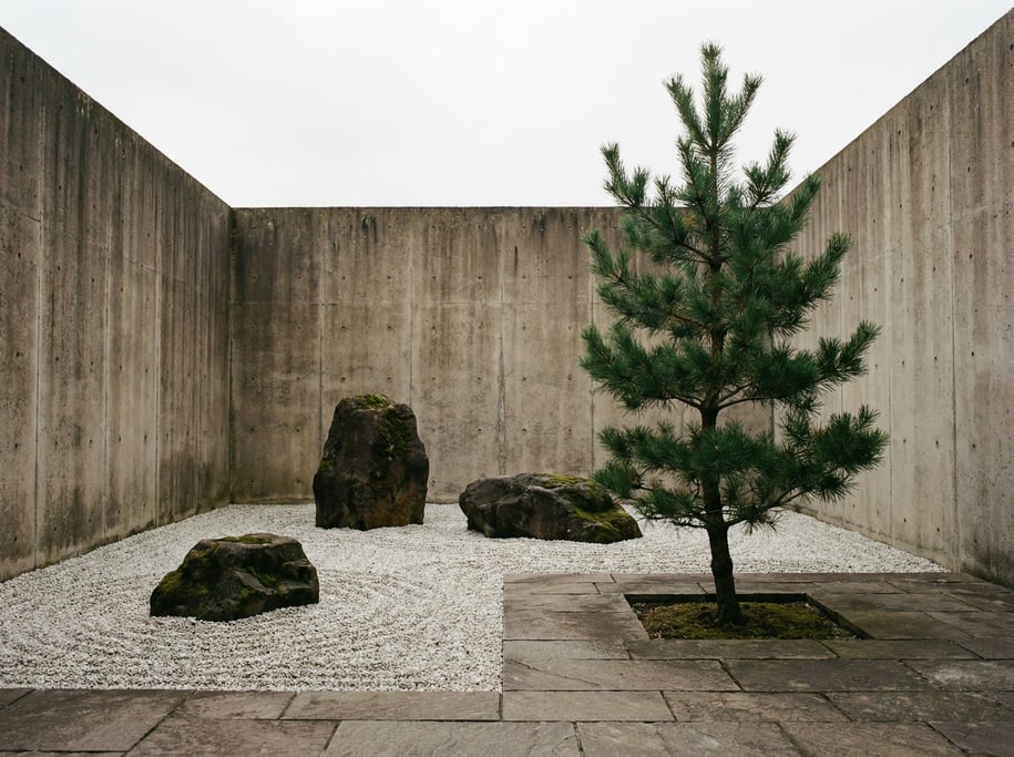 A Japanese rock garden enclosed by tall concrete walls