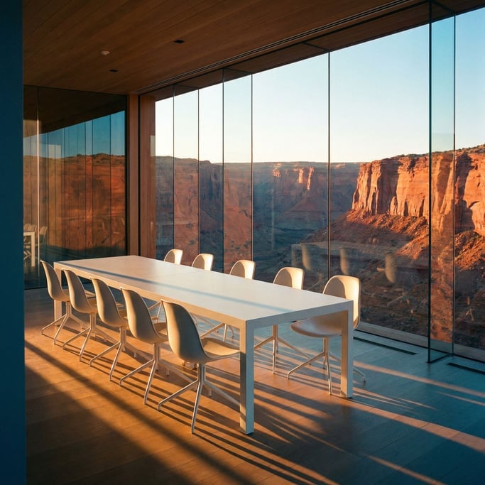 A boardroom with a single long white table overlooking a canyon through a wall of glass