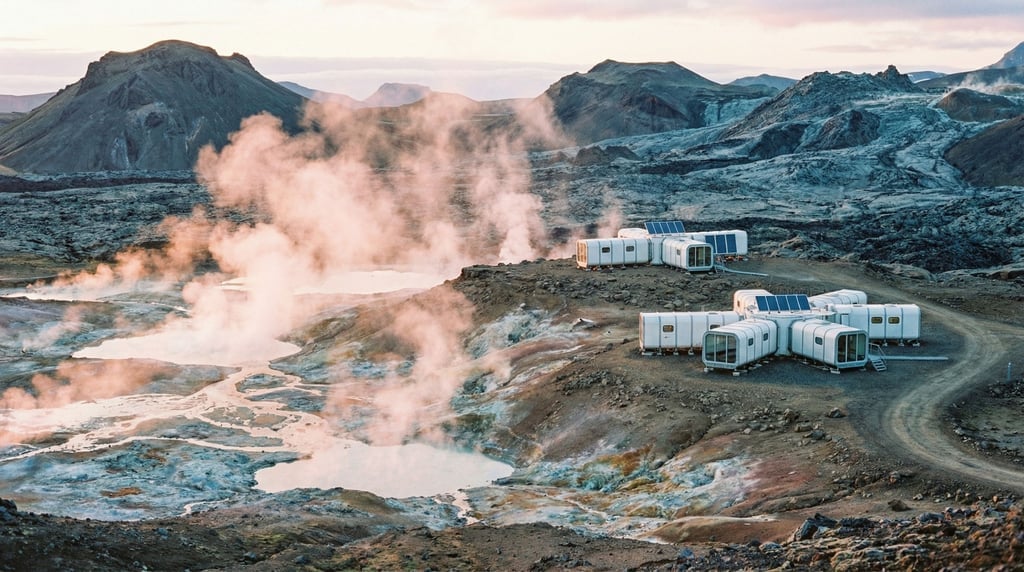 A geothermal area with steam rising from mineral pools